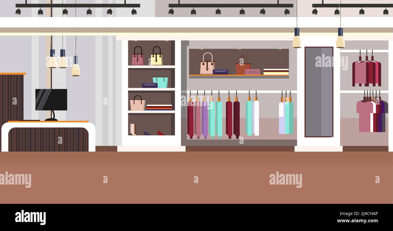 Woman clothing store interior with checkout counter, bags on shelves and clothes on hangers vector illustration. Woman boutique. Shopping concept. For Stock Vector