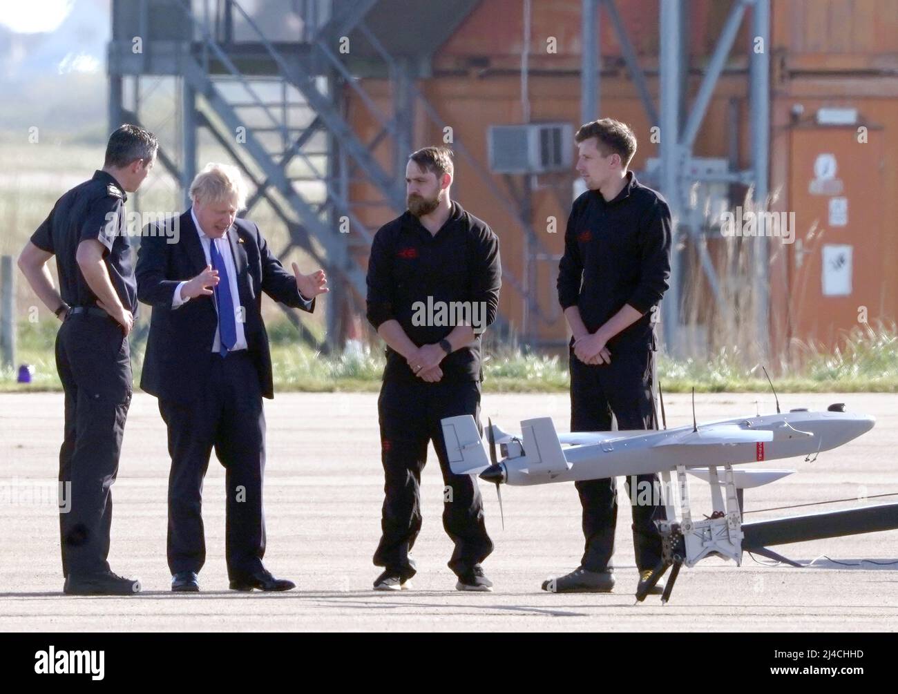 Prime Minister Boris Johnson views a drone during a visit to Lydd airport  in Kent. Picture date: Thursday April 14, 2022 Stock Photo - Alamy