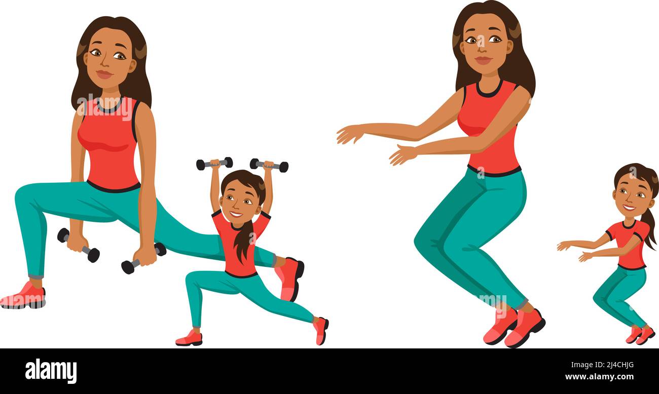 Young woman and girl in fitness apparel doing sport exercises. Mother