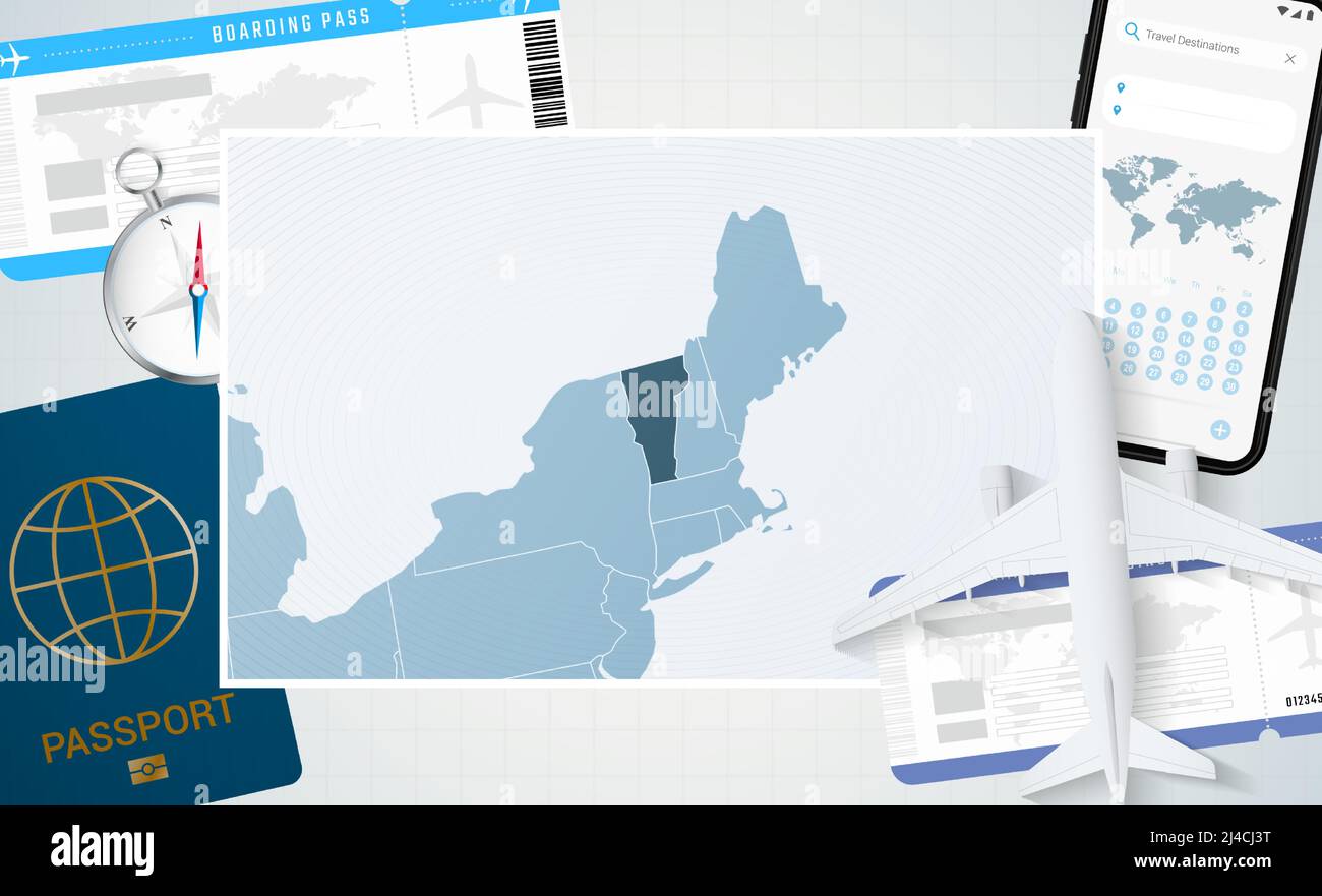 Journey to Vermont, illustration with a map of Vermont. Background with