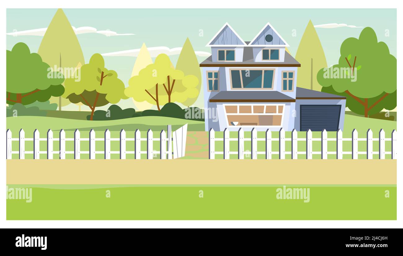 Village house with old fence. Cottage with garage, trees behind house. Countryside property concept. Illustration can be used for topics like dwelling Stock Vector