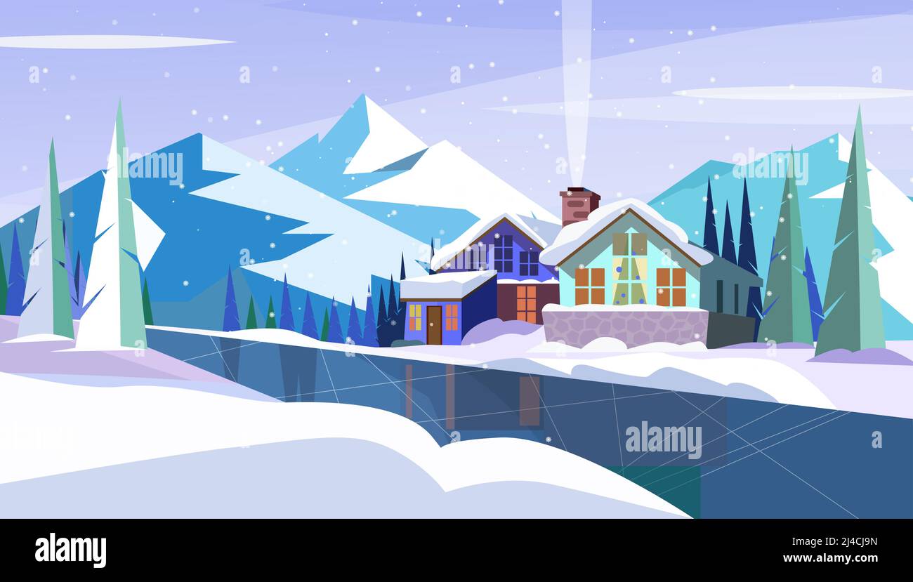 Winter landscape with mountains, frozen river and cottages. Snowy ...