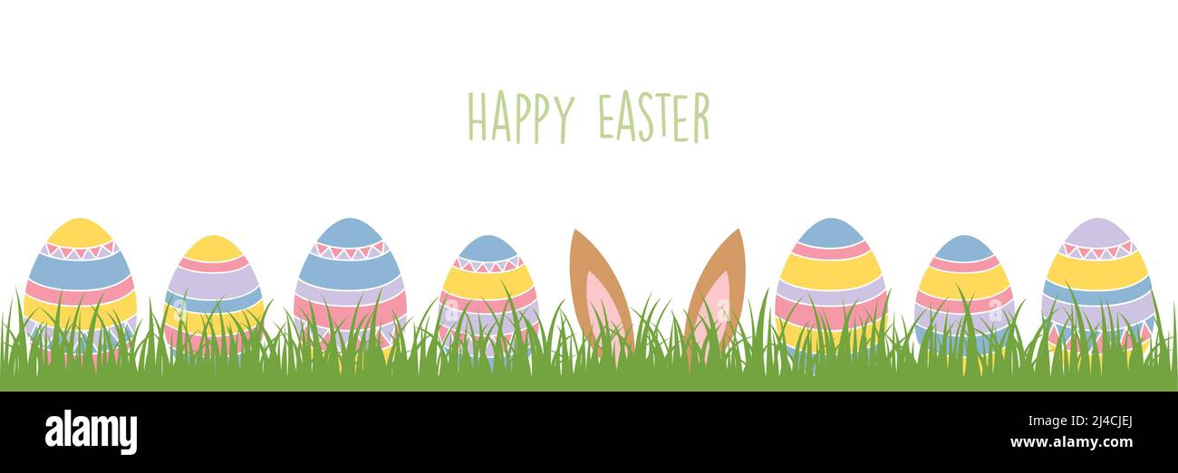 hare ears in the meadow between colorful Easter eggs Stock Vector