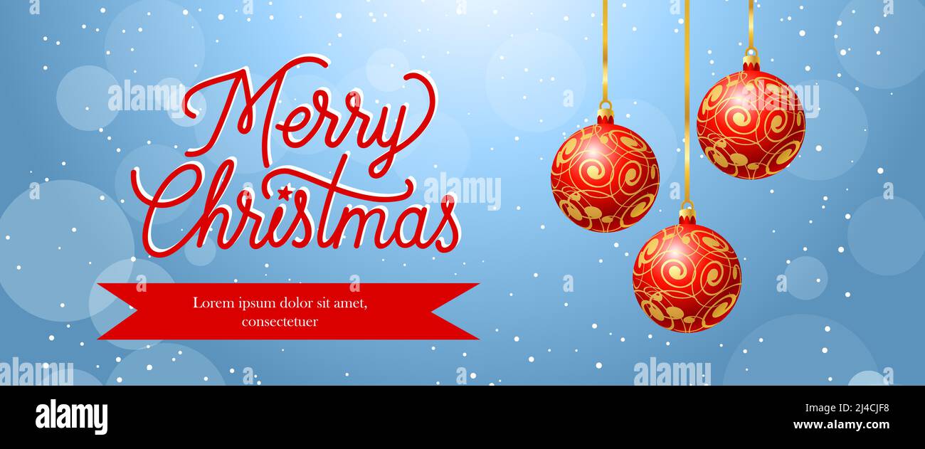 Merry Christmas banner design. Red hanging baubles on blurred blue ...