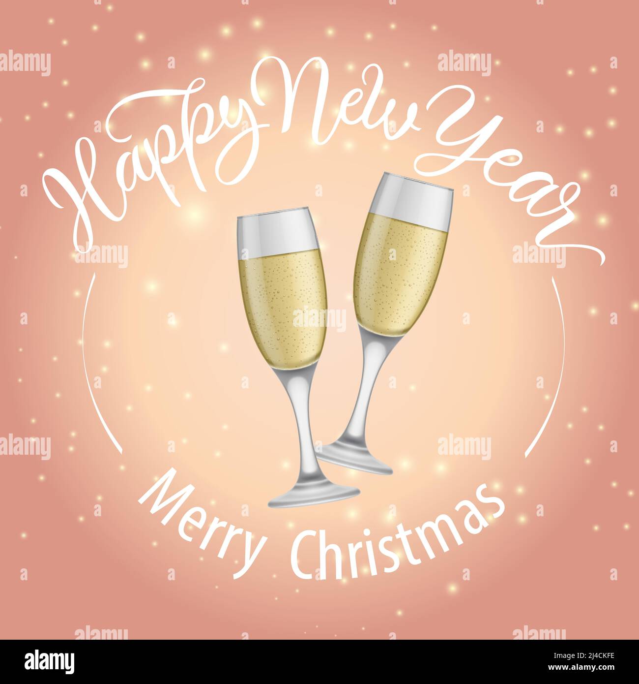 Merry Christmas, Happy New Year lettering and goblets with champagne ...
