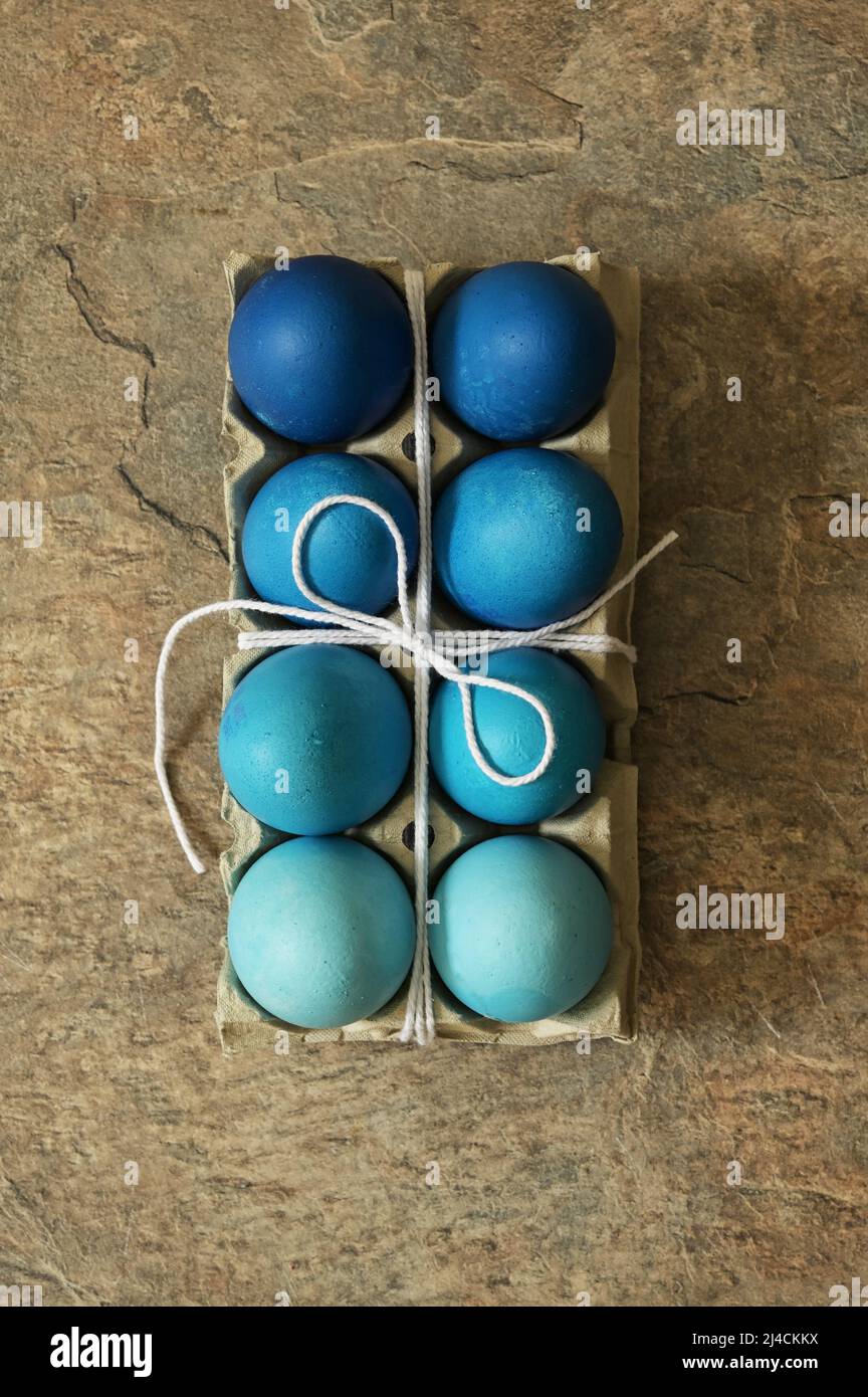 Closeup Rustic Easter Eggs Packing Blue Color Gradient Stock Photo