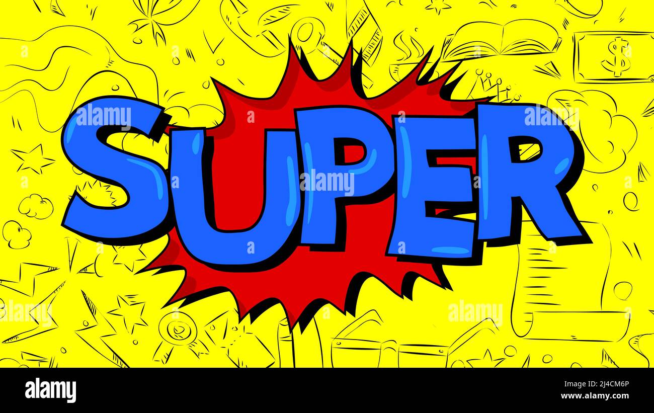 Super. Word written with Children's font in cartoon style. Stock Vector