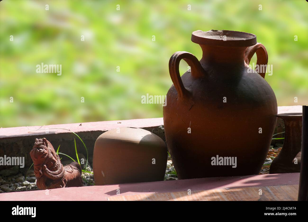 Beautiful handmade Indian Vintage Earthenware Clay Pots and toys. Stock Photo