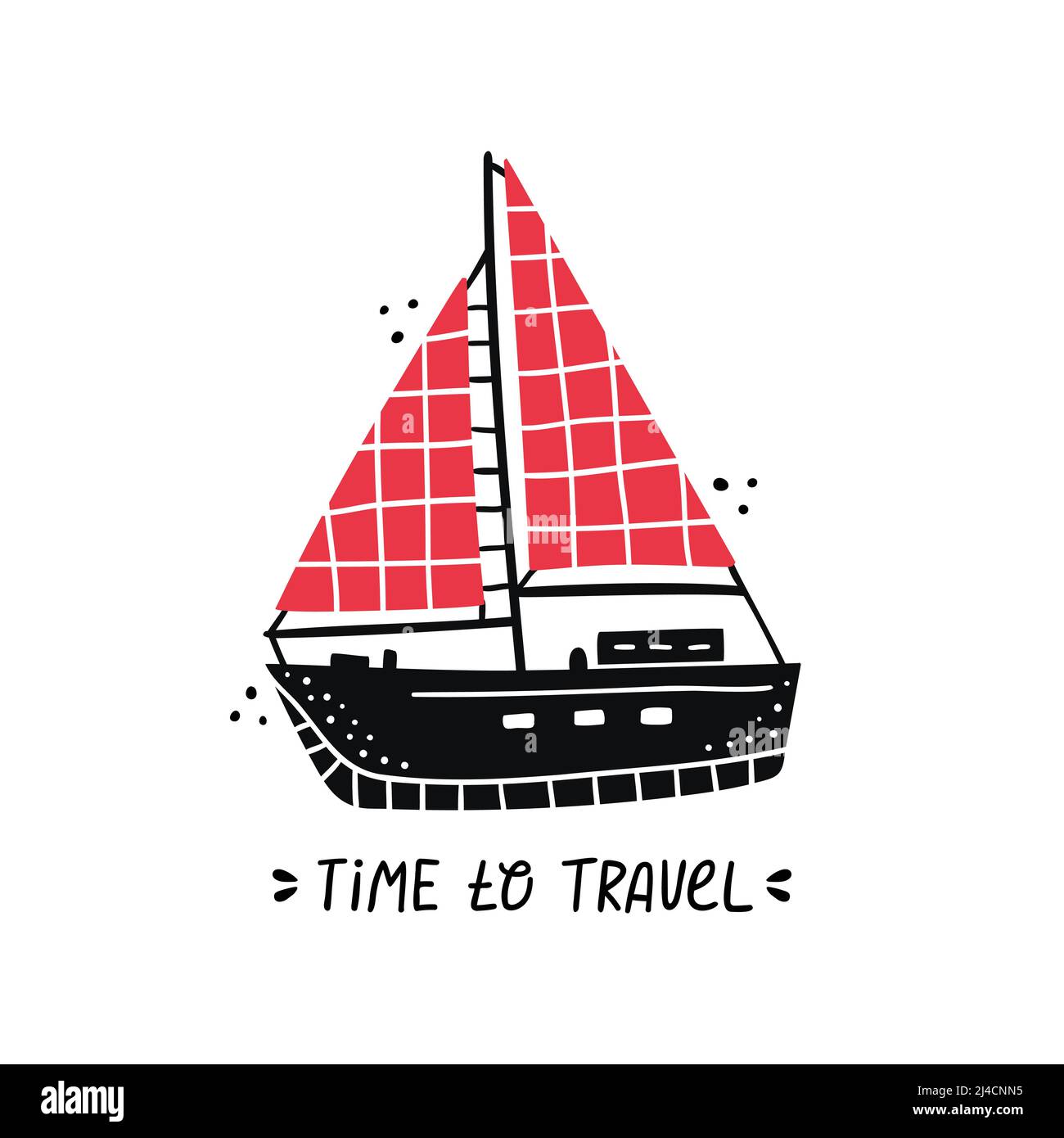 Vector illustration of a boat with hand drawn lettering - time to travel Stock Vector