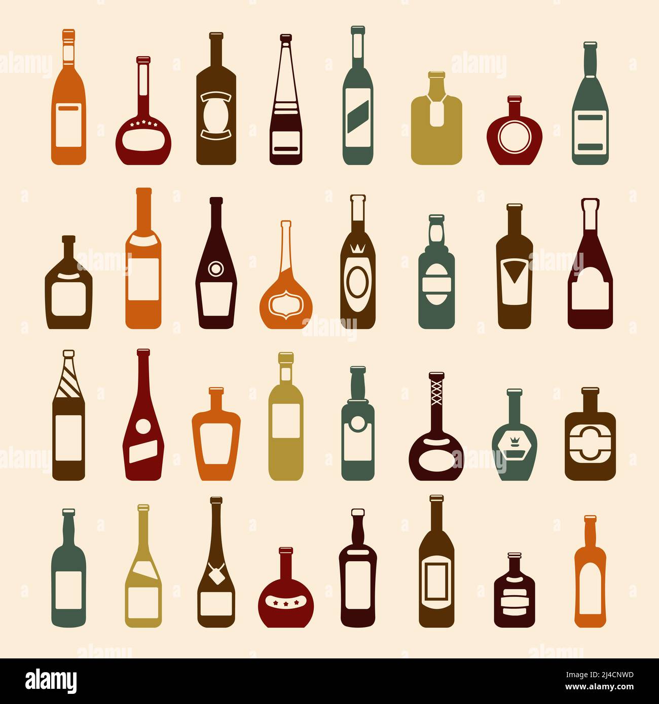 Beer bottles and wine bottles icon set. Brandy beverage vodka, champagne and whiskey, liquid