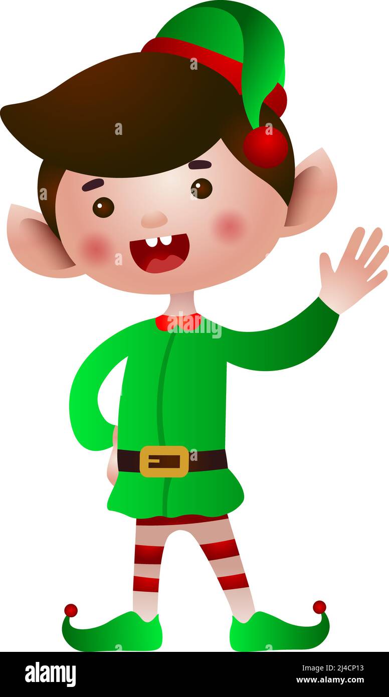 Christmas elf waving hand vector illustration. Christmas, fairytale, traditional celebration. Holiday concept. Can be used for greeting cards, invitat Stock Vector