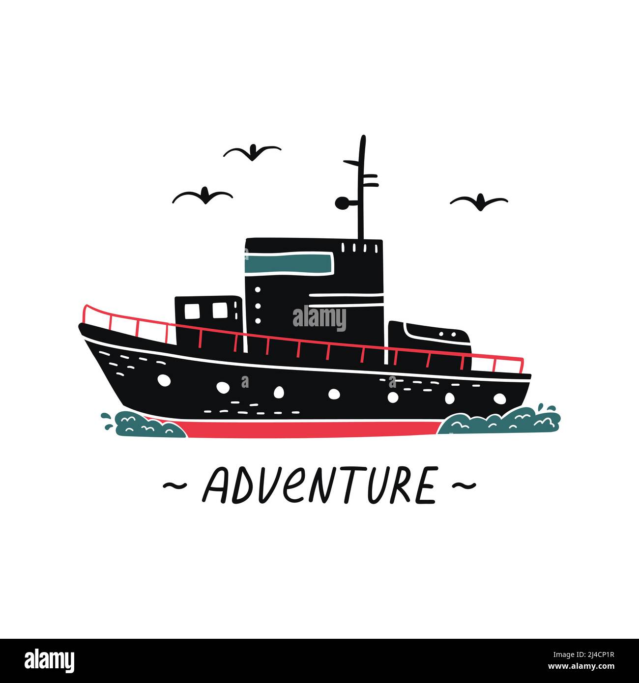 Vector illustration of a boat with hand drawn lettering - adventure ...