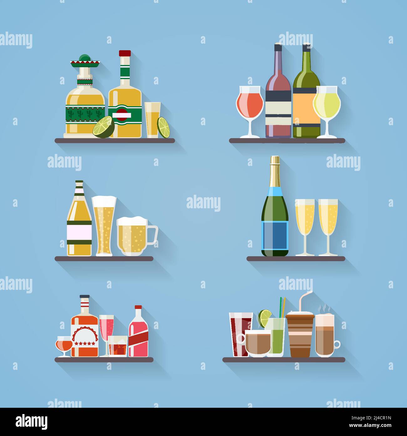 Booze or drinks flat icons on tray at bar. Beverage and liquor, design, wine and juice, champagne bottle and beer. Vector illustration Stock Vector