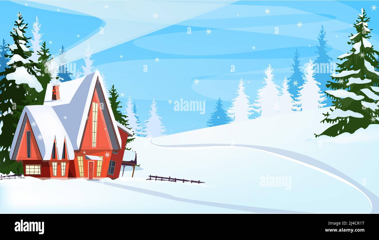 Winter landscape with cottage and fir-trees vector illustration. Snowy country scene. Country cottage concept. For websites, wallpapers, posters or ba Stock Vector