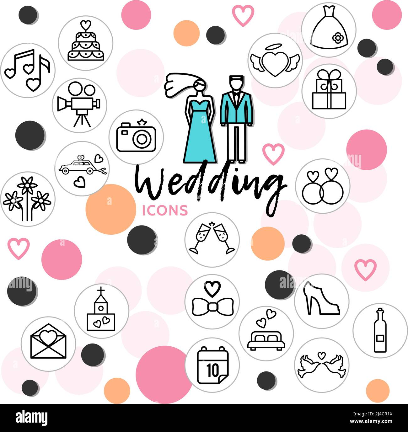 Wedding line icons collection with couple music cake dress rings shoe pigeons champagne bottle letter church fireworks car camera bed gifts isolated v Stock Vector