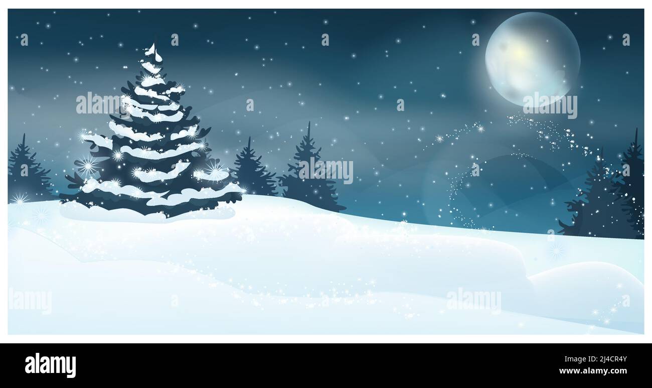 Winter landscape with full moon and fir-tree vector illustration. Snowy ...