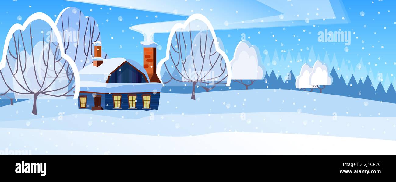 Winter landscape with cottage and trees vector illustration. Snowy ...