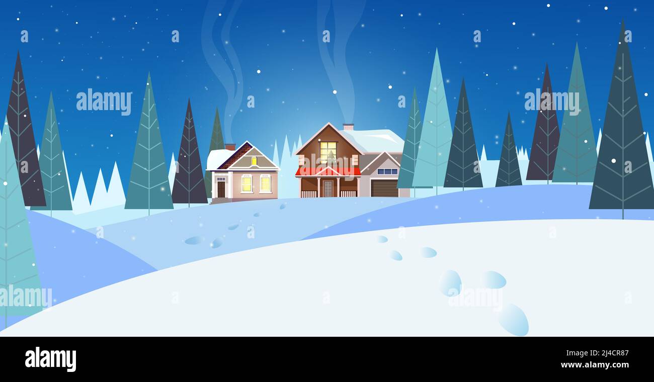 Winter landscape with cottages and fir-trees vector illustration. Night snowy country scene. Country cottage concept. For websites, wallpapers, poster Stock Vector