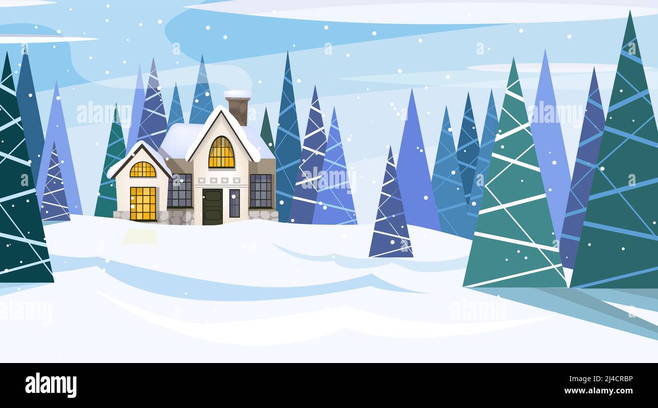 Winter day landscape with cottage and fir-trees. Snowy country scene vector illustration. Country cottage concept. For websites, wallpapers, posters o Stock Vector