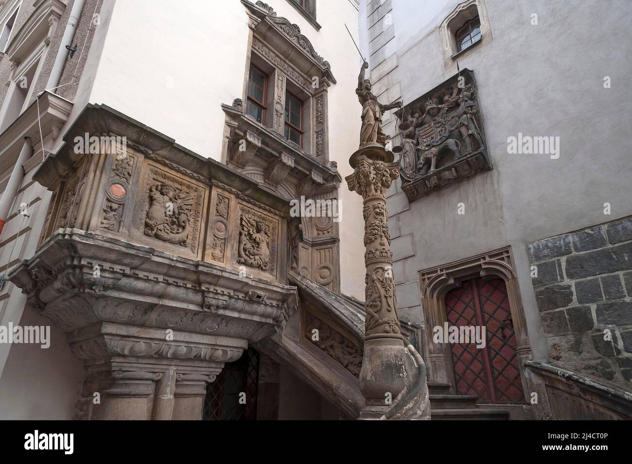 Town Hall Staircase with Annunciation Pulpit from 1537 Early Renaissance, with sculpture of Justitia and the Corvinus Coat of Arms, Goerlitz, Upper Stock Photo
