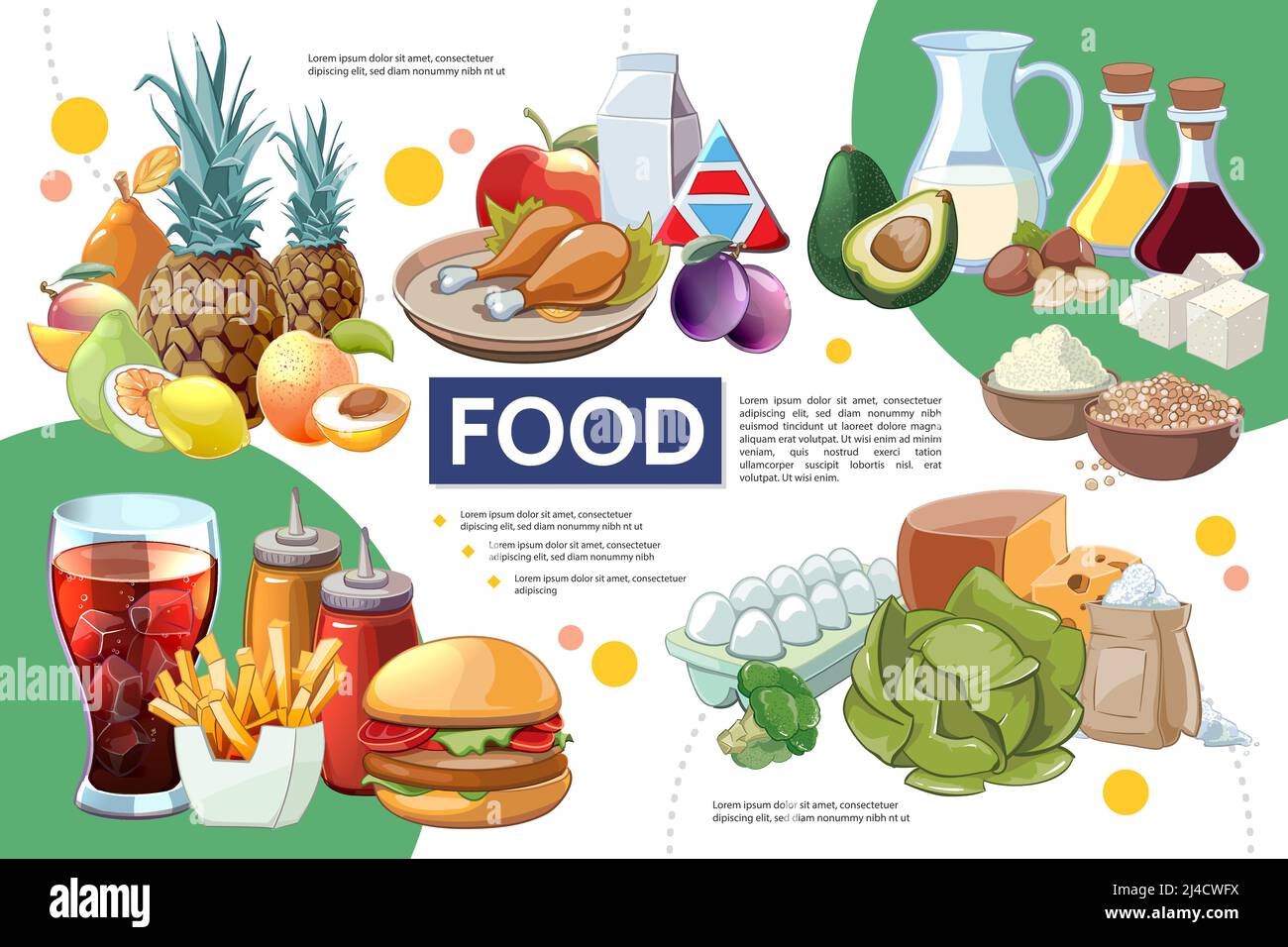 Cartoon food infographic concept with fruits vegetables drinks chicken ...