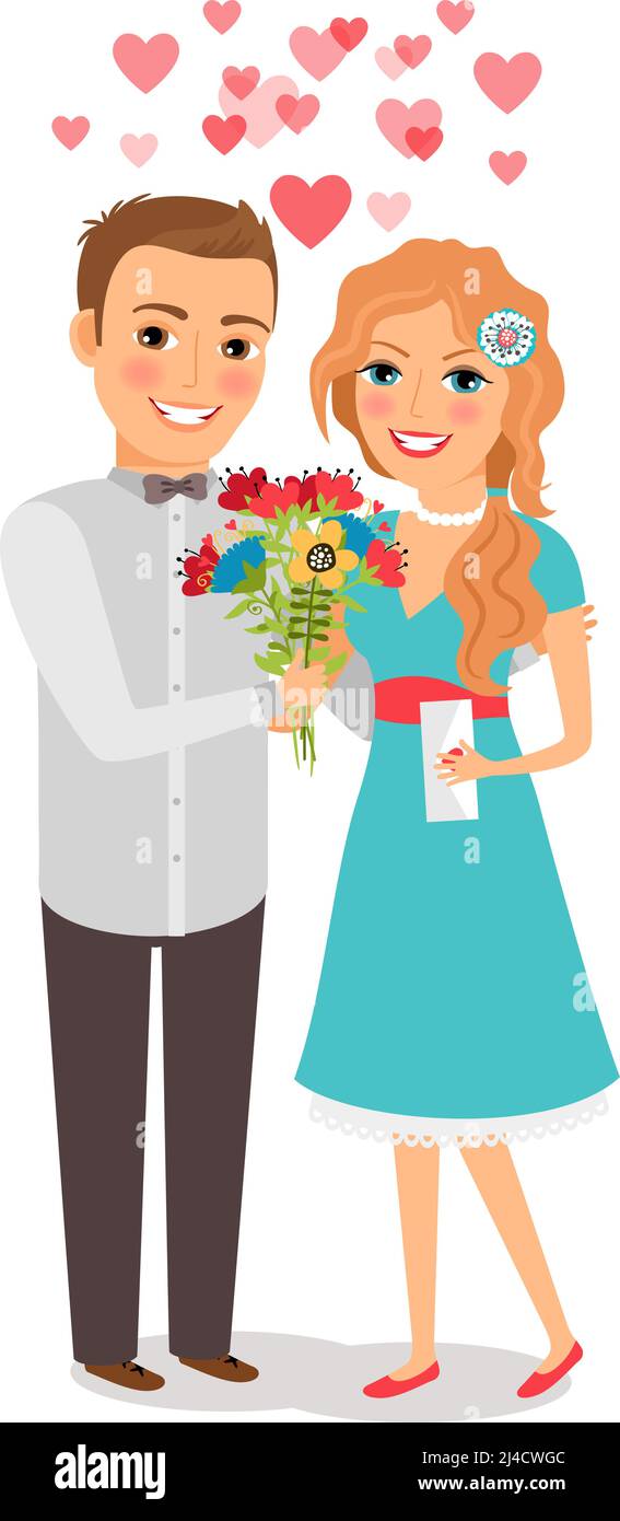 Couple in love. Lovers man and woman with a bouquet of flowers. Vector ...