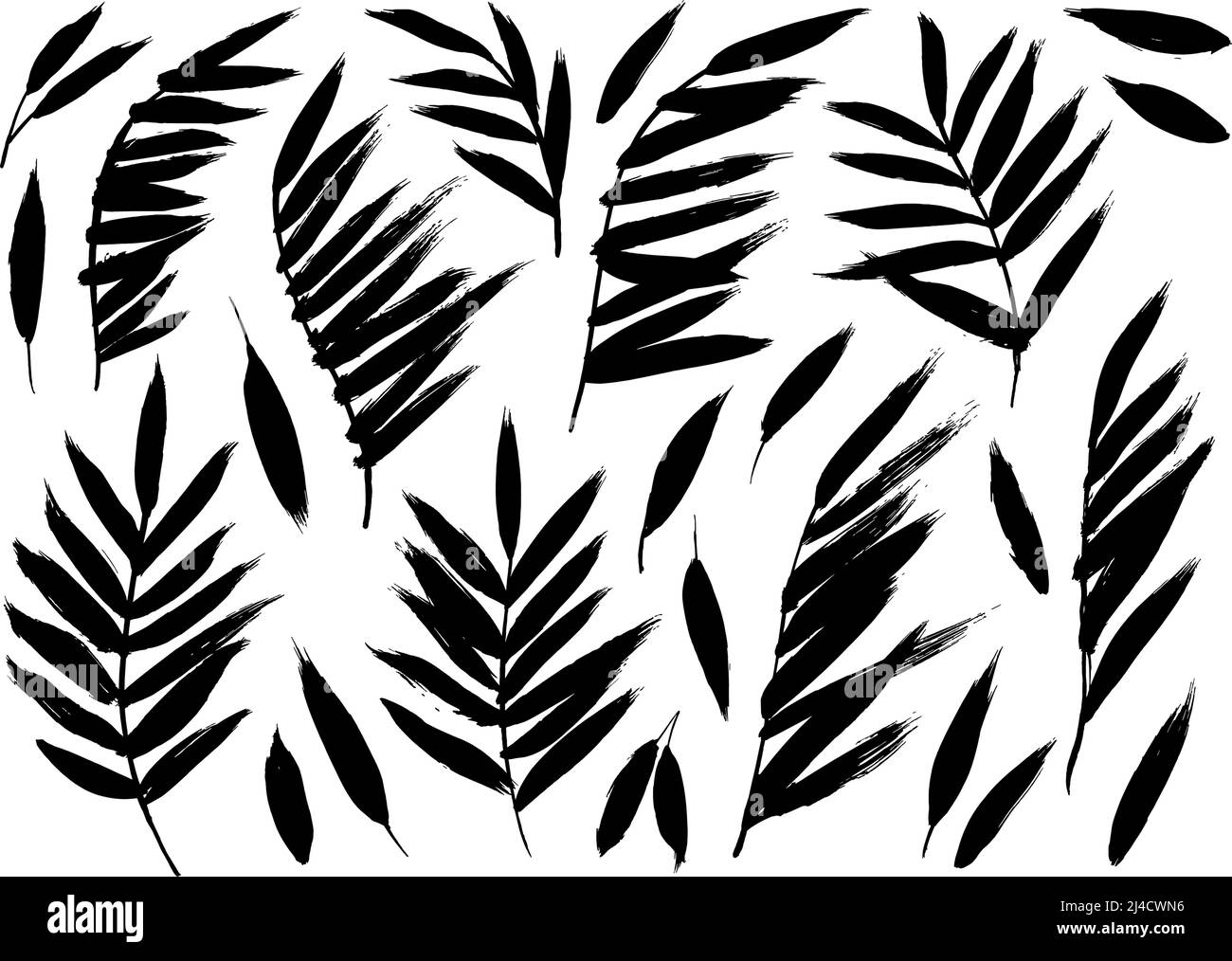 Set of tropical black brush leaves in silhouettes. Stock Vector