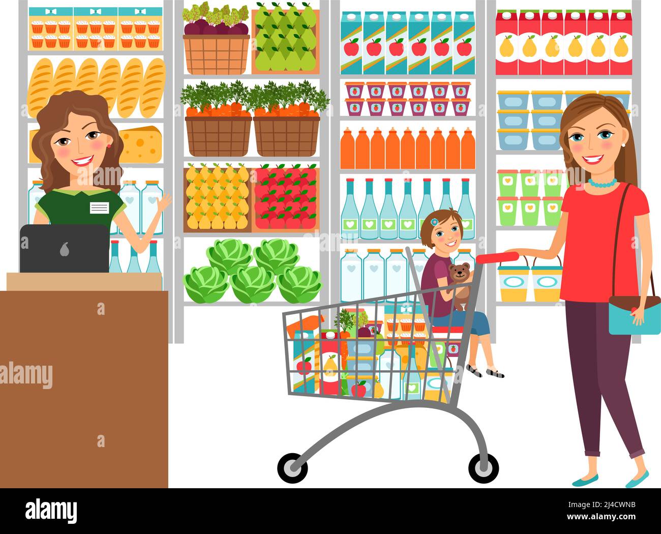 Woman shopping in grocery store. Customer market, sale supermarket, cashier  and retail, vector illustration Stock Vector Image & Art - Alamy