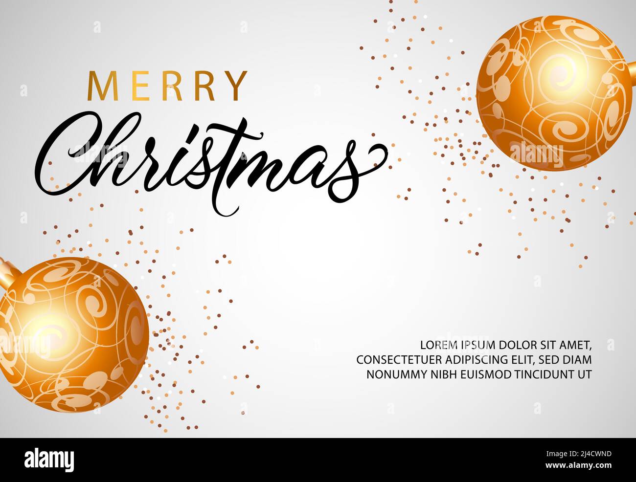 Merry Christmas banner design with golden baubles and confetti. Vector ...