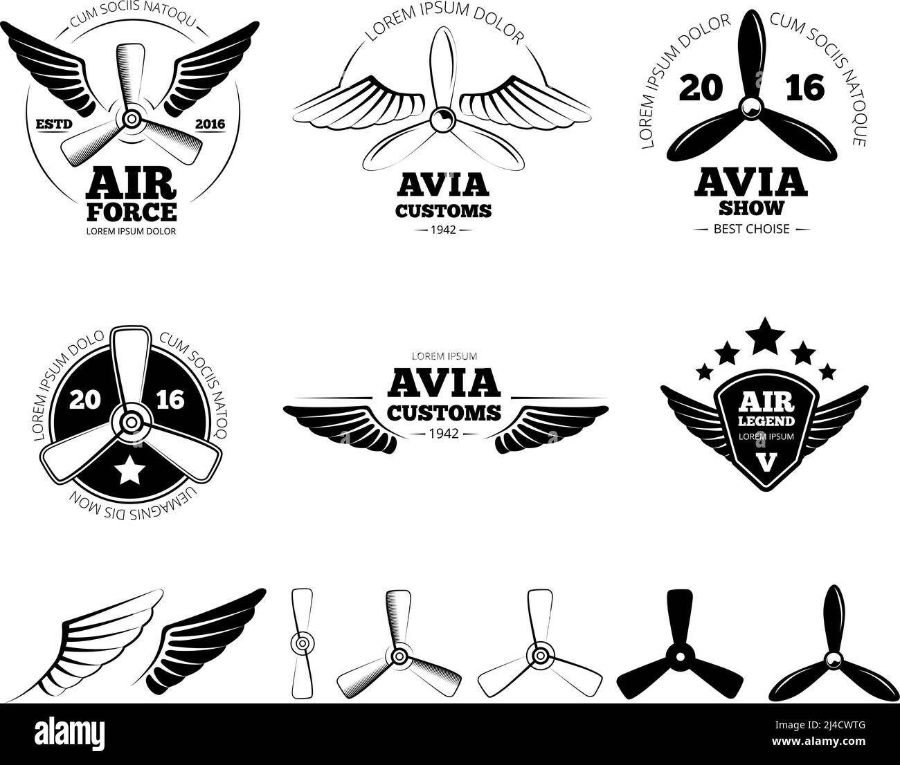 Vintage airplane labels, emblems and symbols set. Aviation stamp, wing flight, propeller vector illustration Stock Vector
