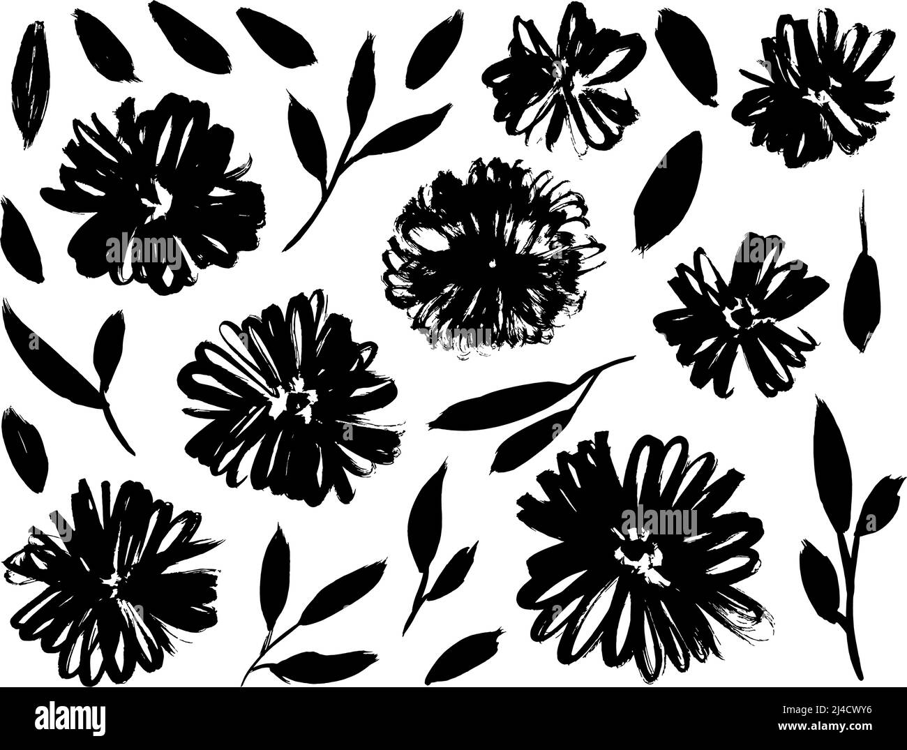 Hand drawn black brush spring flowers vector set Stock Vector