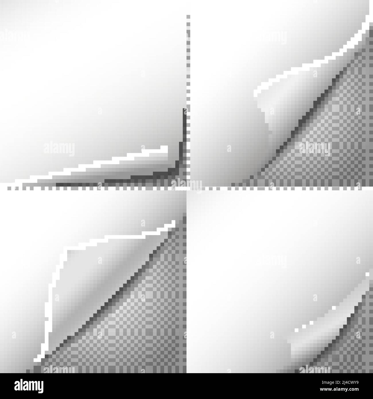 Curl paper corners vector set with checkered transparent background. Sheet sticker, message blank label illustration Stock Vector