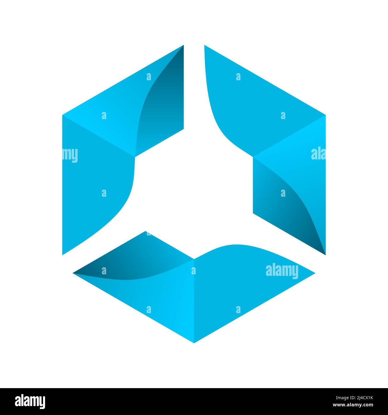 Abstract hexagonal blue gradient logo. Three triangle folding elements. Dynamic motion concept. Light blue technology logotype template. Vector, flat. Stock Vector