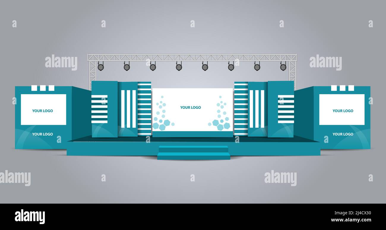 Event Stage design for business conferences, corporate projects presentations, shareholders event or meeting with slides on projection screens. Stock Vector