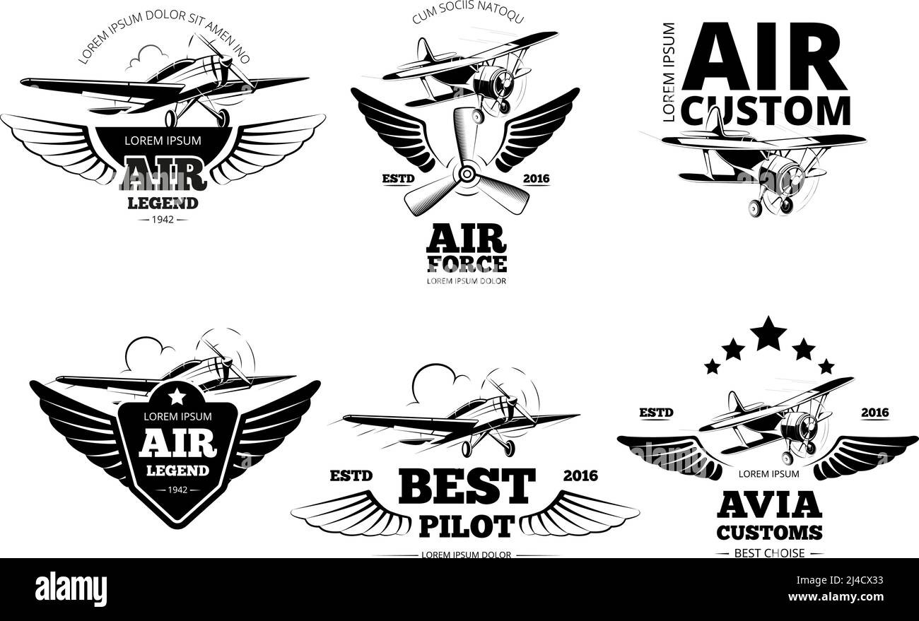 Airplane emblems vector labels. Aviation logo, flight and best pilot illustration Stock Vector