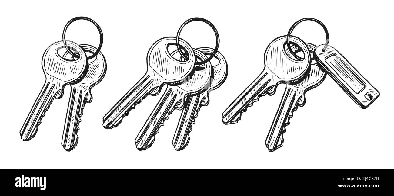 Keys on ring. Vector illustration hand drawn in sketch style Stock Vector
