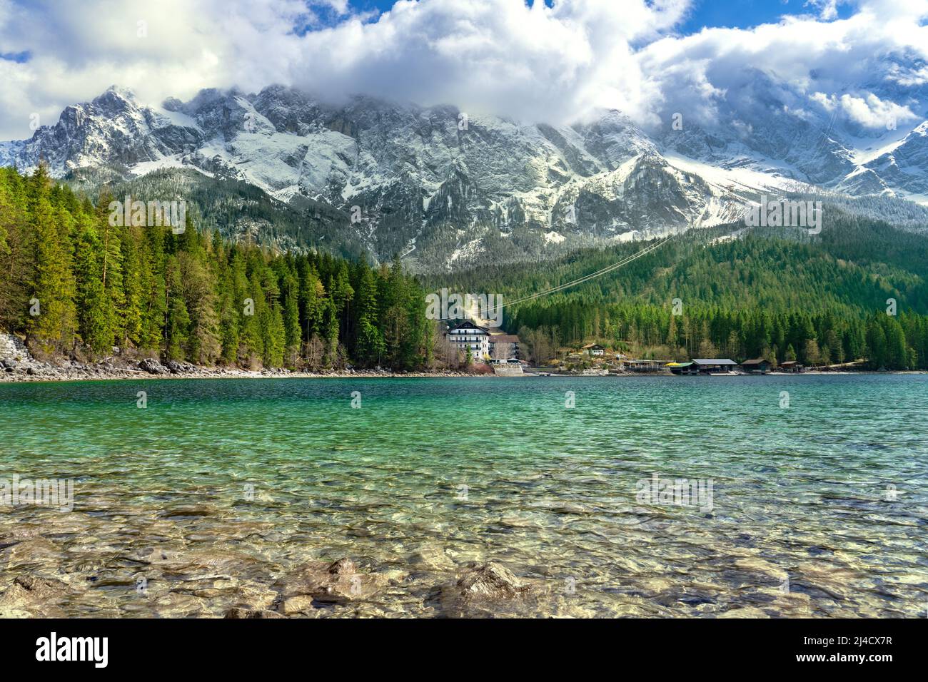 beautiful Eibsee mountain lake in Grainau Germany with Zugspitze mountains in the background . Stock Photo
