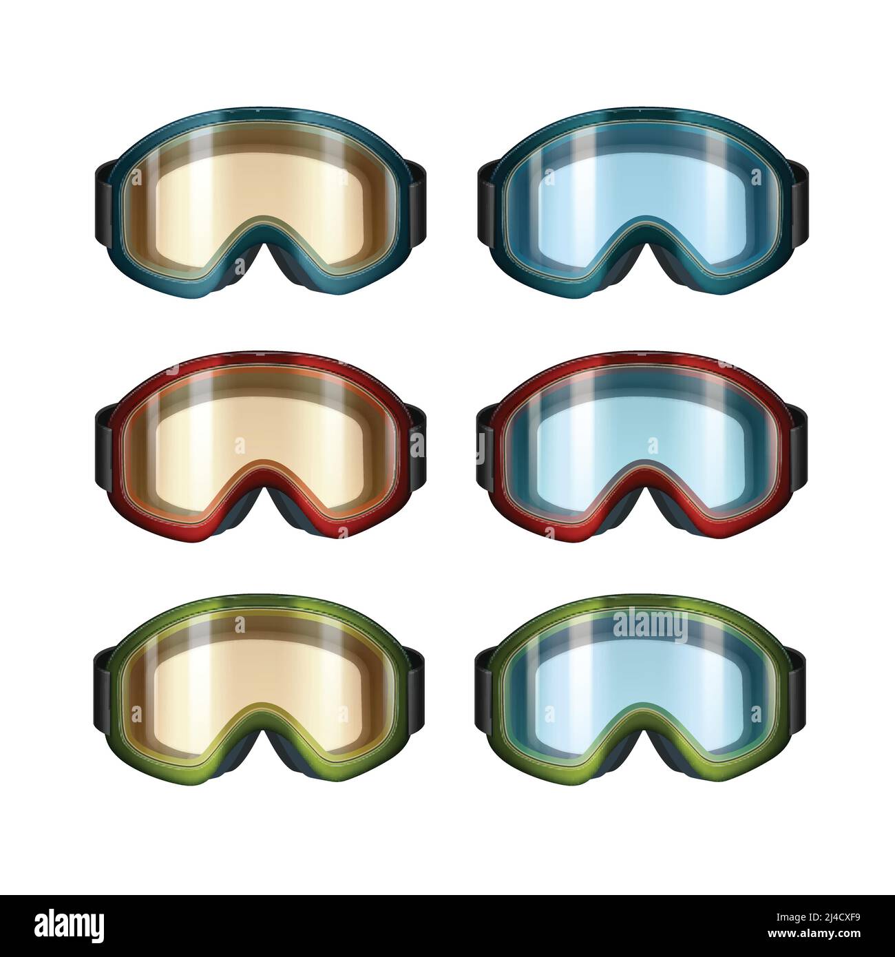 Vector set of colored blue, orange ski snowboard goggles front view