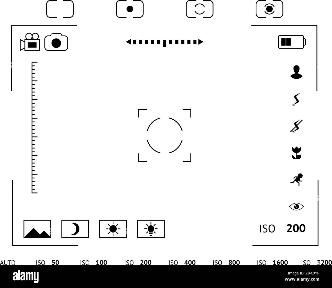 Camera viewfinder display. Exposure and composition focus, electronic