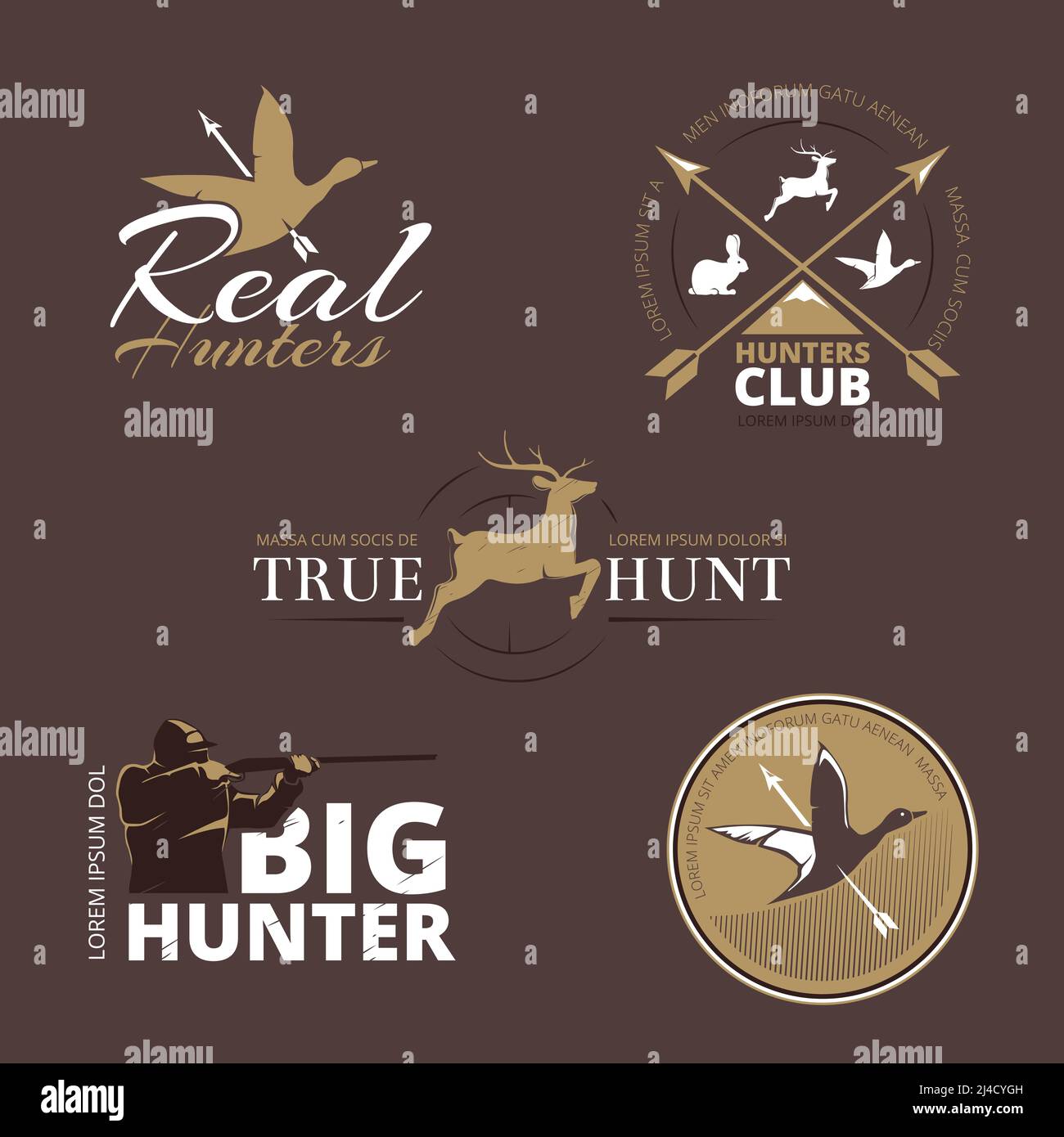 Vector labels with duck, deer, hare, gun and hunter. Hunt with gun