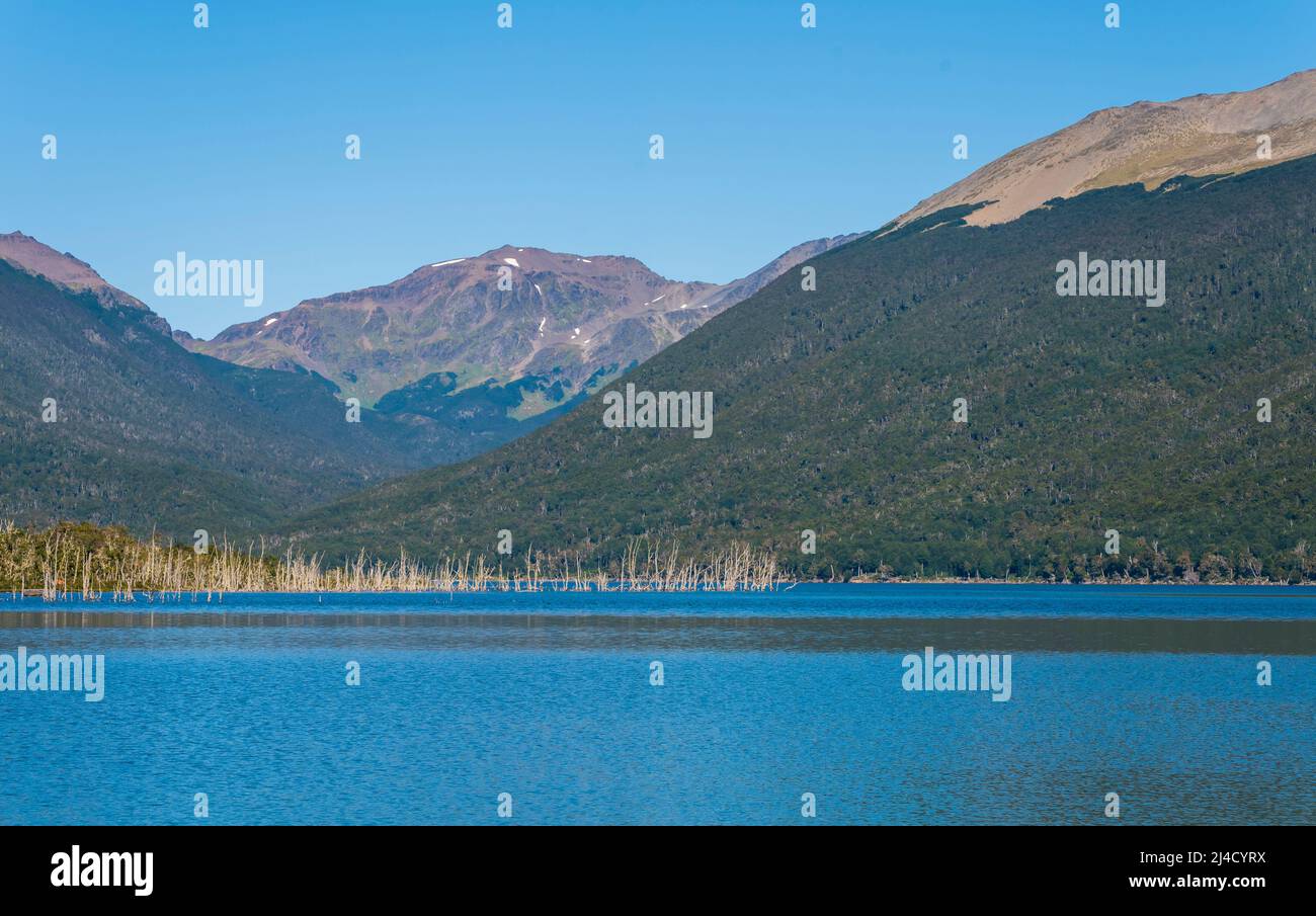 View of Escondido Lake near Fagnano lake, Ushuaia, Tierra del Fuego, Patagonia, Argentina. Stock Photo