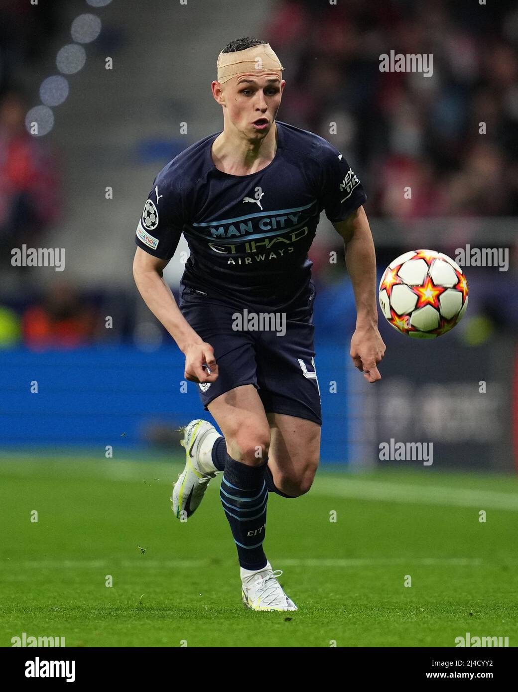Phil Foden of Manchester CIty during the UEFA Champions League match, Quarter Final, Second Leg, between Atletico de Madrid and Manchester City played at Wanda Metropolitano Stadium on April 13, 2022 in Madrid, Spain. (Photo by Colas Buera / PRESSINPHOTO) Stock Photo
