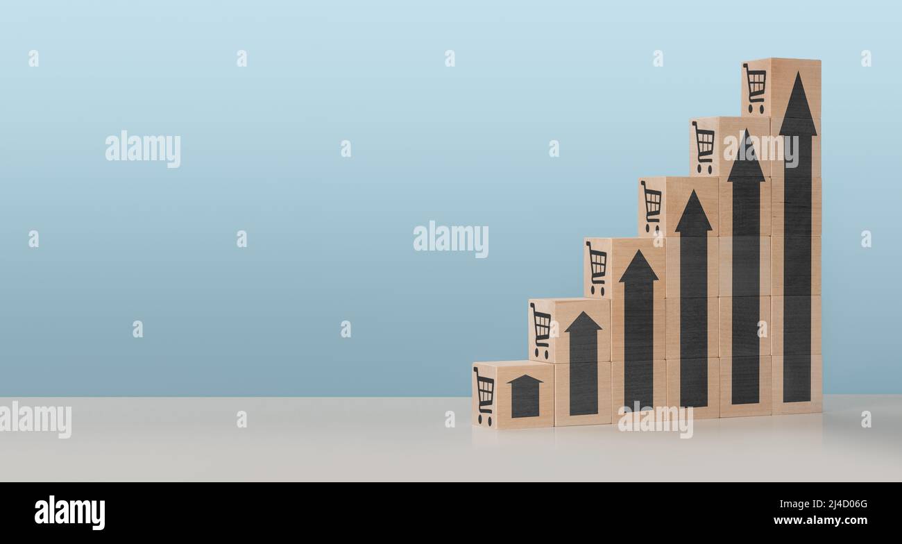 sale volume increase make business grow, wooden cube with icon graph