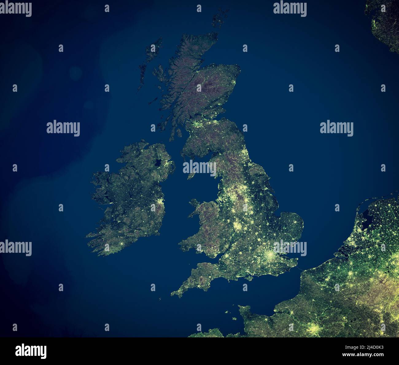 Map of Great Britain and Ireland, satellite view at night. Map