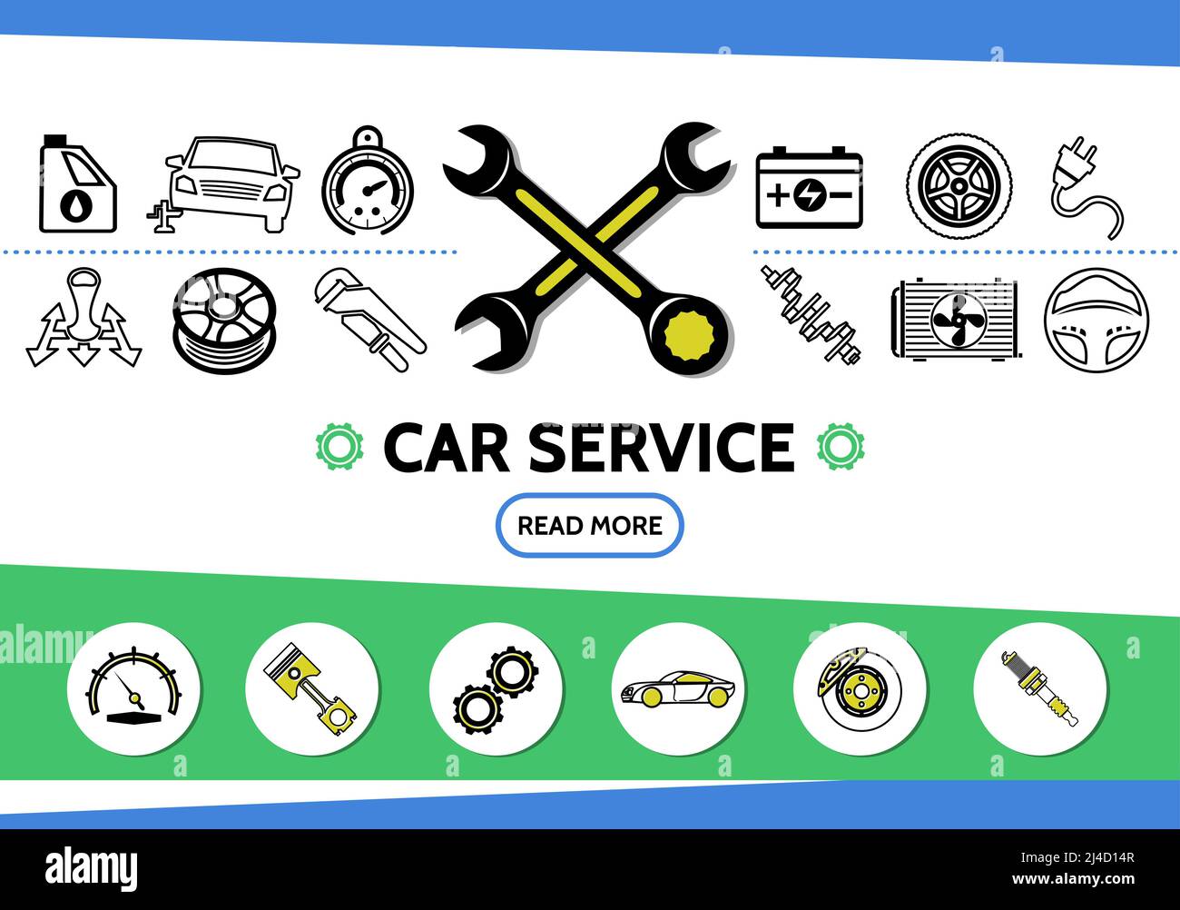 Car service line icons set with oil automobile tire speedometer battery wrenches transmission radiator shock absorber steering wheel piston gear spark Stock Vector