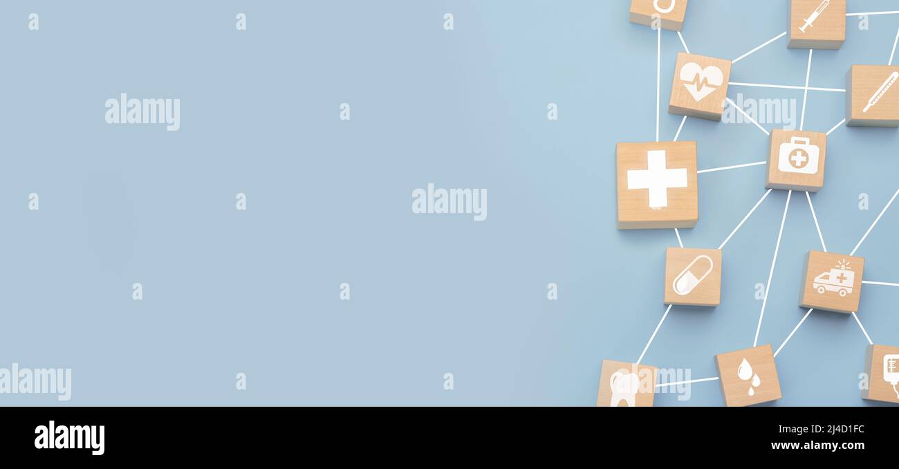 Wooden blocks with icons of various types of insurance, healthcare medical  symbol with connection link for healthy wellness insurance and assurance co  Stock Photo - Alamy