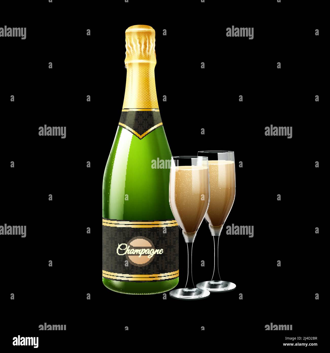 Champagne bottle and two glasses on black background realistic vector