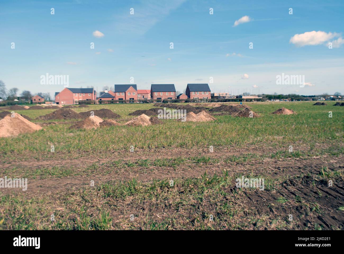 Trenches dug in field for archaeological survey with new build houses