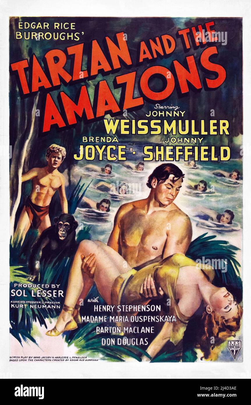 JOHNNY WEISSMULLER and BRENDA JOYCE in TARZAN AND THE AMAZONS (1945), directed by KURT NEUMANN. Credit: RKO / Album Stock Photo