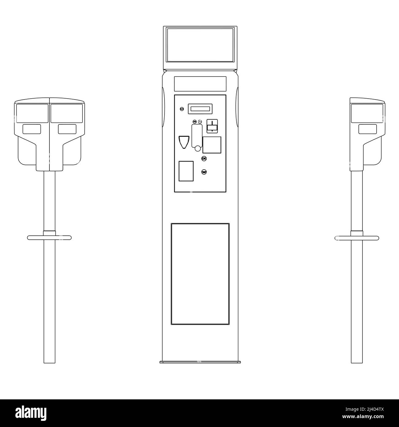 The contour of the parking meter for cars from black lines isolated on a white background. Front view. Vector illustration. Stock Vector